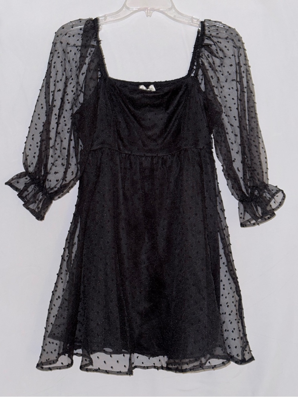 NWT Allison & Kelly Black Swiss Dot Mini Dress With Sheer Puff Sleeves Size M